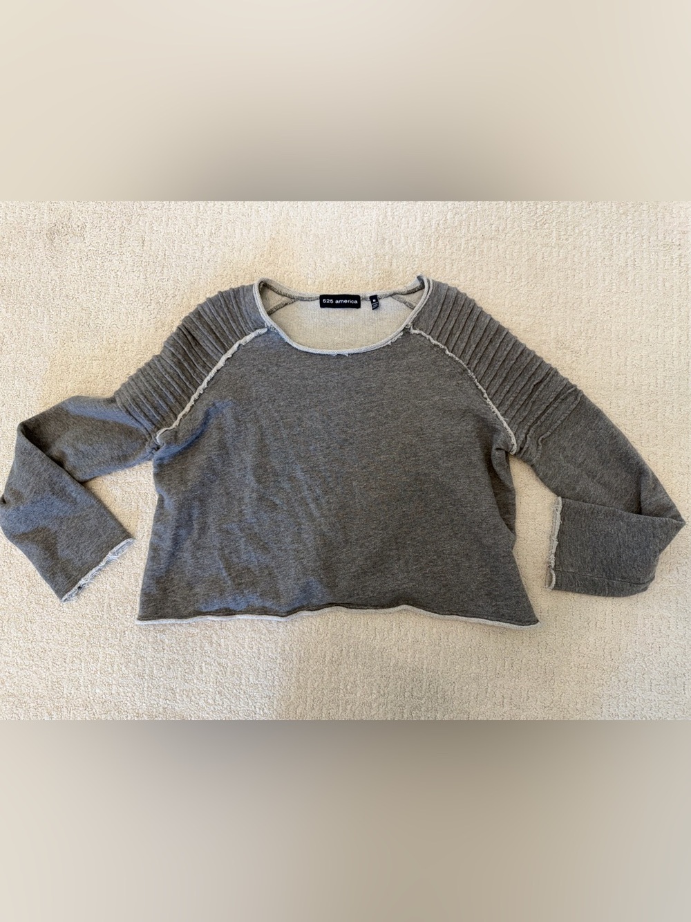 525 America Cozy Cropped Gray Ribbed-Shoulder Pullover Sweatshirt